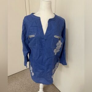 Multiples women’s Blue 100% Linen Embroidered Floral Roll Sleeve tunic sz M